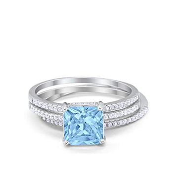 Princess Cut Wedding 3 Piece Ring Simulated Aquamarine CZ 925 Sterling Silver